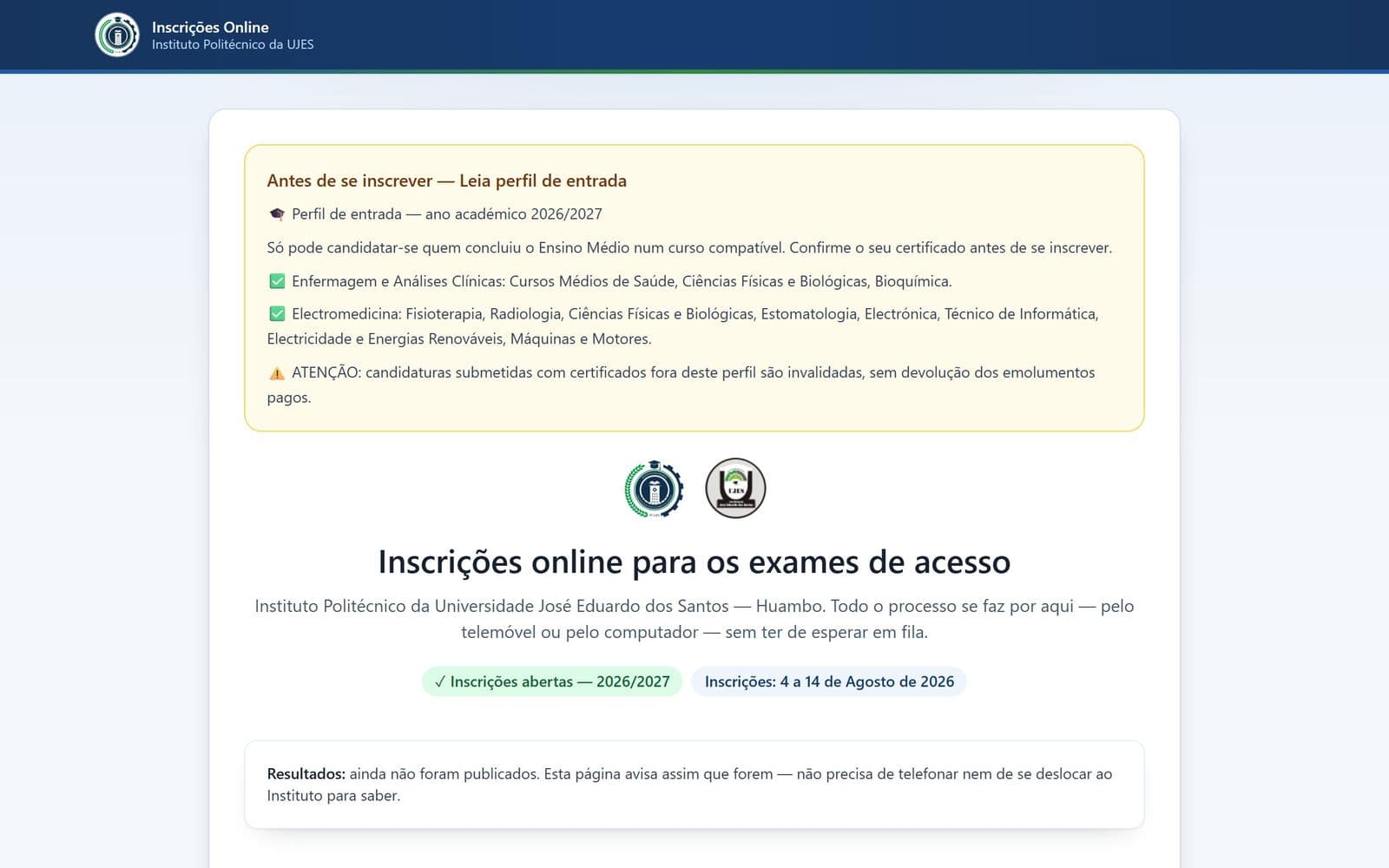 Página inicial do site Instituto Politécnico da UJES